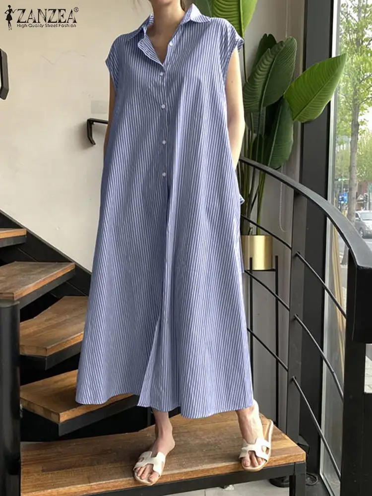

ZANZEA Summer Lapel Neck Short Sleeve Striped Sundress Women Fashion Loose Long Shirt Dress Casual Work Vestido Kaftan Oversize