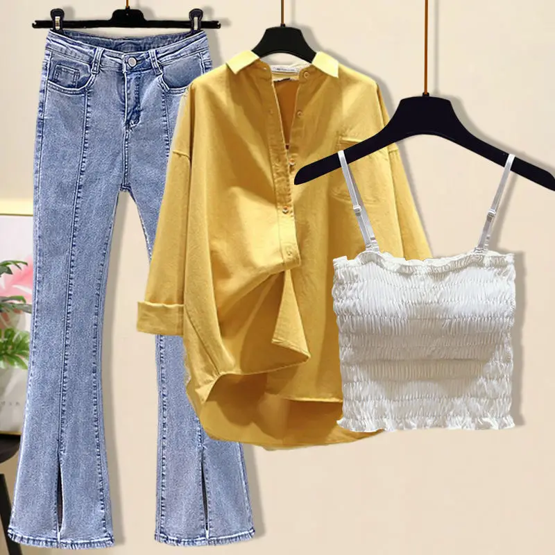 

Spring Summer Shirt Vest Jeans Three-piece Women Elegant Blouse PantsSuit Korean Fashion Denim Trousers Set Female Clothing E206