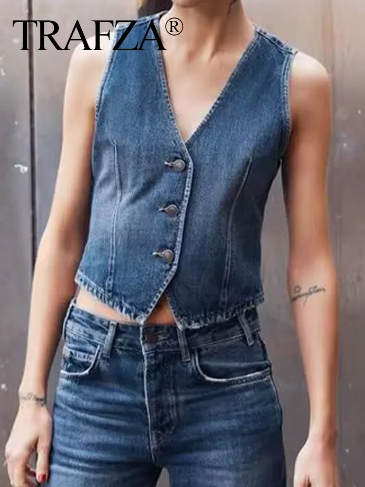 

TRAF ZA Female Casual With Women Metal Buttons V-Neck Waistcoat Vintage Fashion Ladies Sleeveless Elastic Summer Vest Chic Tops