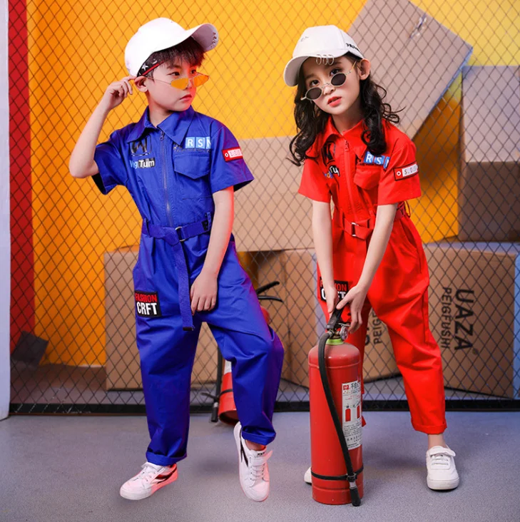 

Teenagers Jazz Hip Hop Dance Clothes for Girls Boys jumpsuits Red Blue Short Sleeves Ballroom Dancing Costumes Overall Wear