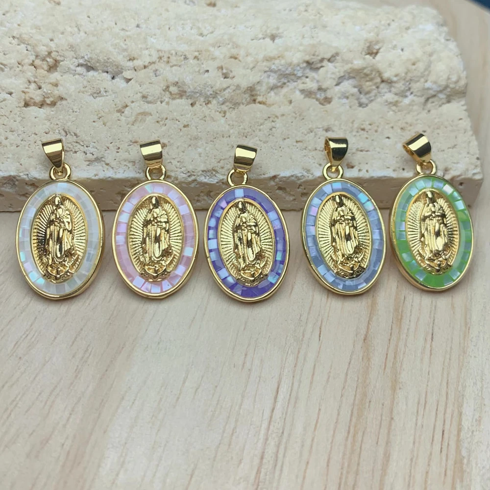 Oval Zircon Colorful Sea Shell Our Lady of Guadalupe Pendants Charms For Jewelry Making Women Religious Necklace