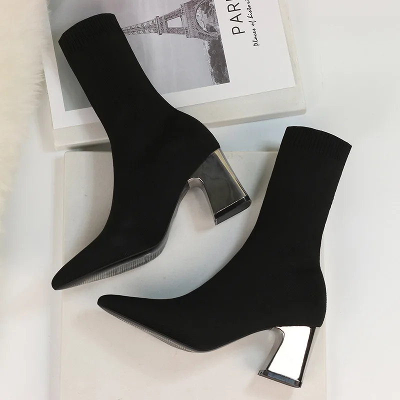 Luxury Women Sock Boots Square Heels Sexy Ladies Party Shoes Knitting Stretch 2022 Autumn Winter Booties Ankle Boots Female