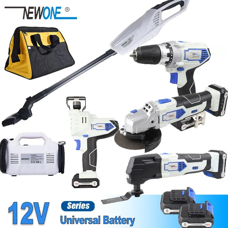 

NEWONE 12V Li-ion Cordless Power Tool Combo Kit,M10 Angle Grinder DC Electric Drill LED Light Vacuum Cleaner Reciprocating Saw