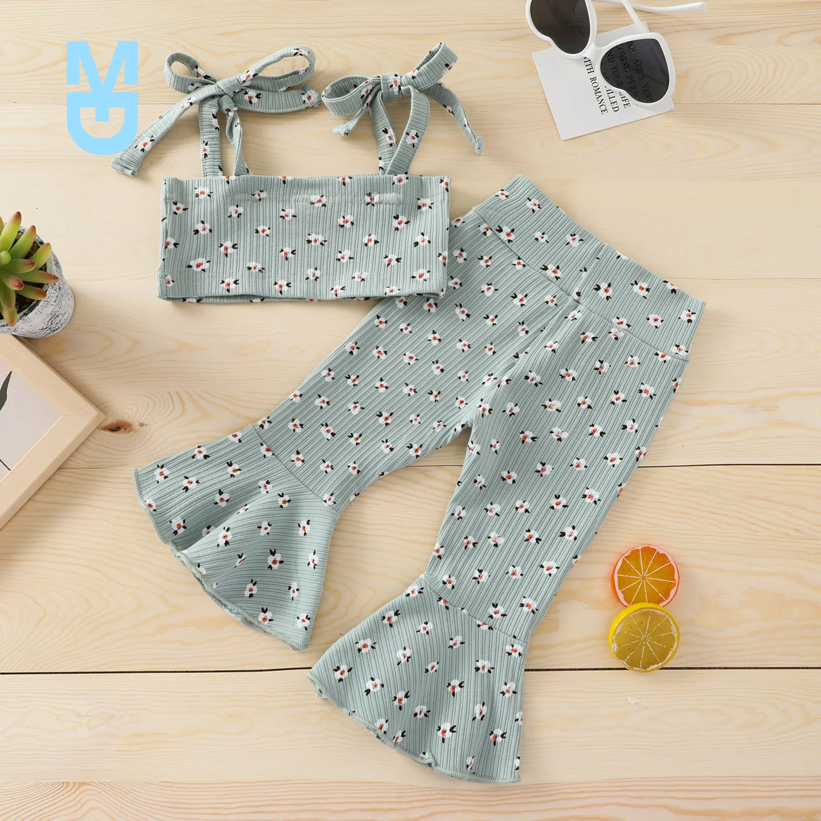 

New 2 Pcs born Floral Outfits, Baby Girls Tie-up Sleeveless Boat Neck Crop Tops + Flared Pants