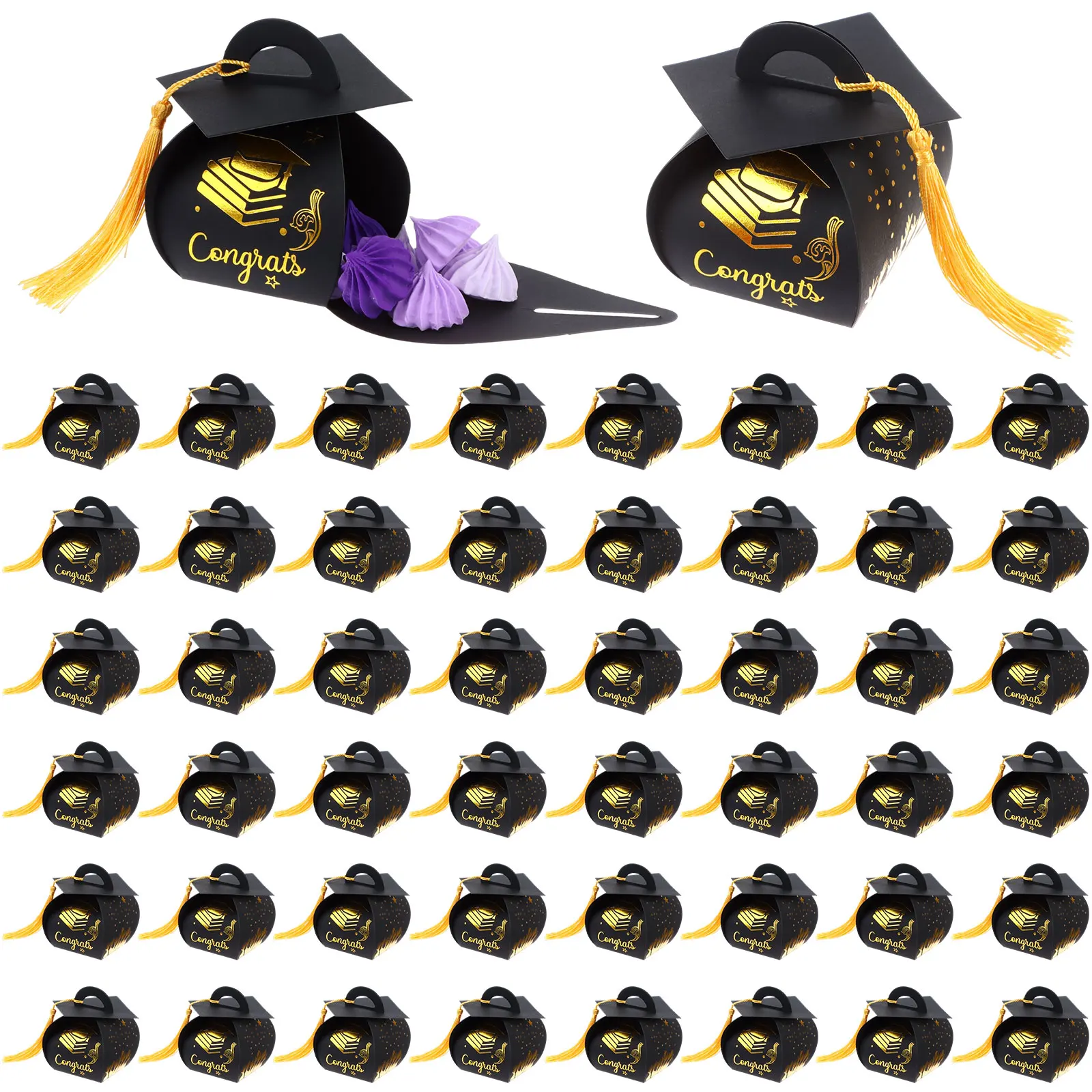 

50 Pcs 2023 Graduation Cap Gift Box Black Graduation Party Candy Favors Treat Box with Gold Tassel Graduation Centerpieces for T