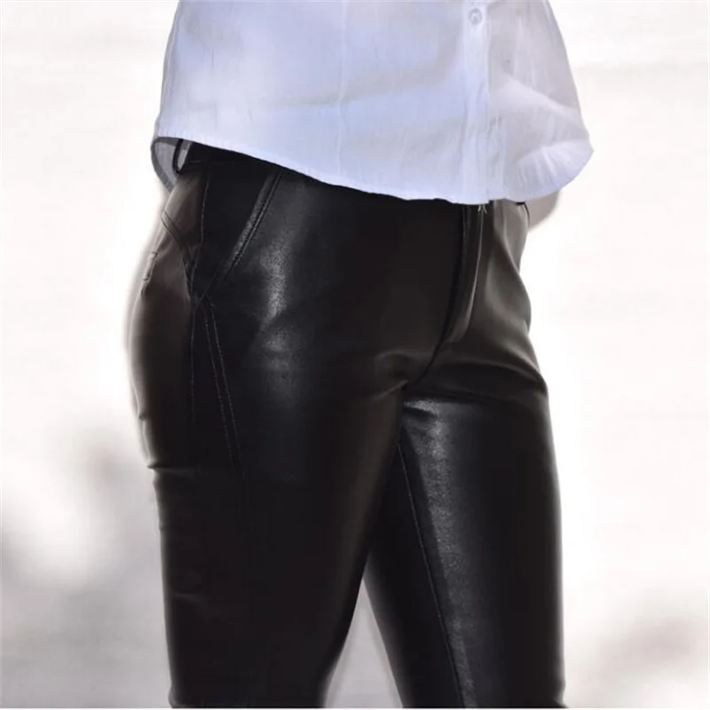 High quality trousers women leather pants woman spring and autumn fashion pantalon femme velvet high waist patchwork black