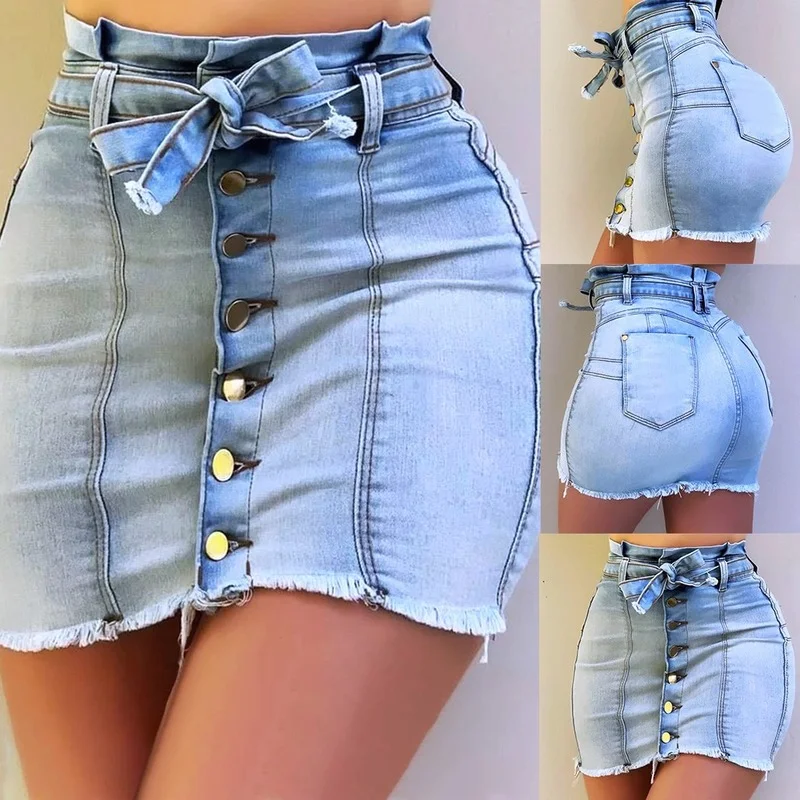 

Sexy Women's Korean Style Skirt Women's Button Tight Denim 2021 New Skirt Casual Solid Color Bow Tie Slim Casual Mini Skirt