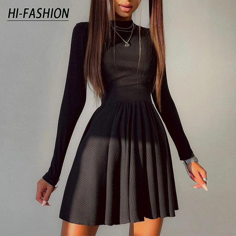 

HI-FASHION Women's Solid Long Sleeve Slim Mini Dresses Autumn New O-neck Hollow Out Pleated A-line Dress Ladies Sexy Vestidos