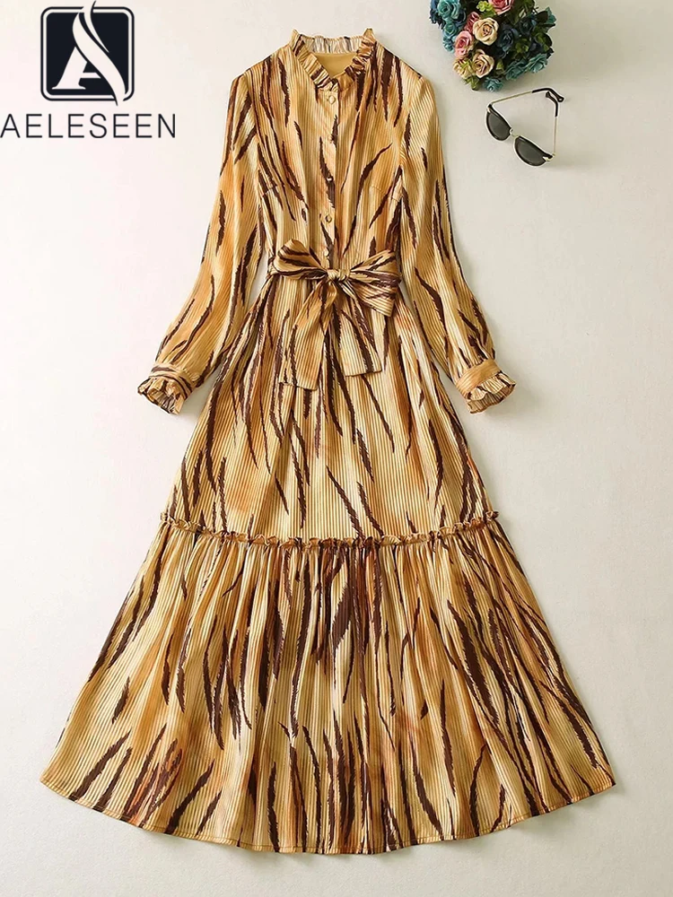 

AELESEEN Runway Fashion Long Dress Spring New Arrival Ruffled Bow Printed Yellow Elegant Maxi Party Vacation