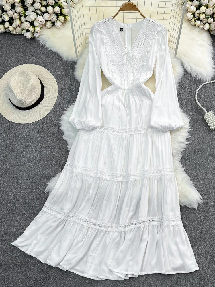 

FTLZZ Autumn Winter Elegant Women V-neck Puff Sleeve Long Dress Casual Lady Sash Tie Up Ruffled Dress A-line White Dress