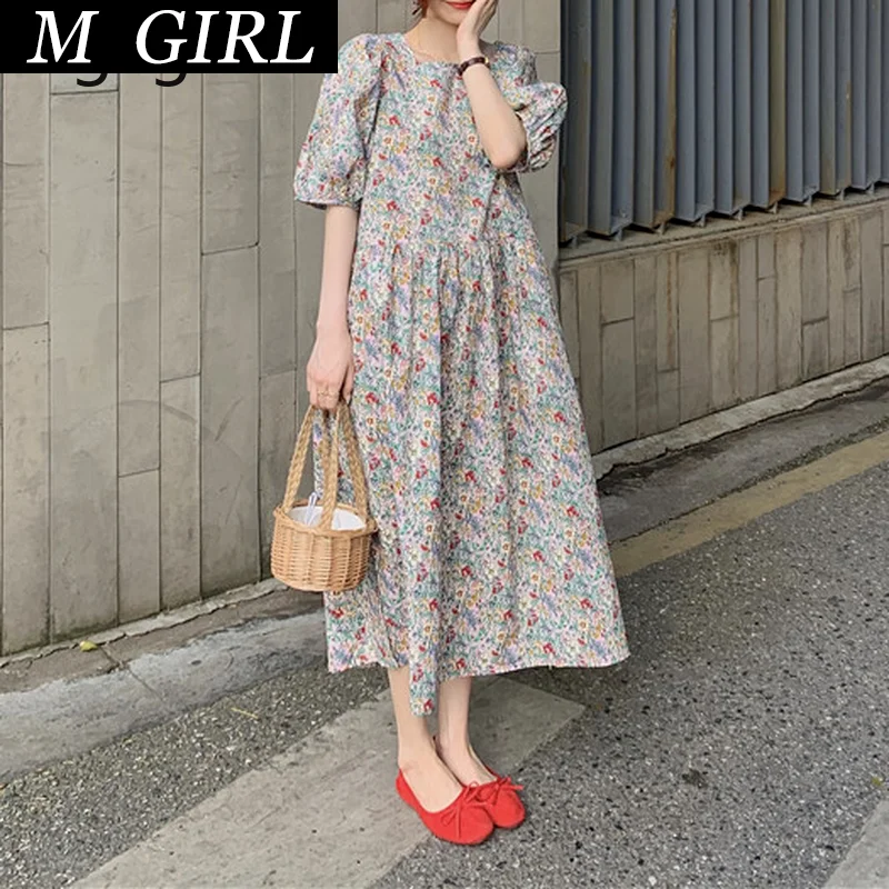 M GIRLS Floral Printed Dress Women French Style Vintage Half Puff Sleeve 2021 Spring Summer Girl Tender Elegant Dresses Vestidos