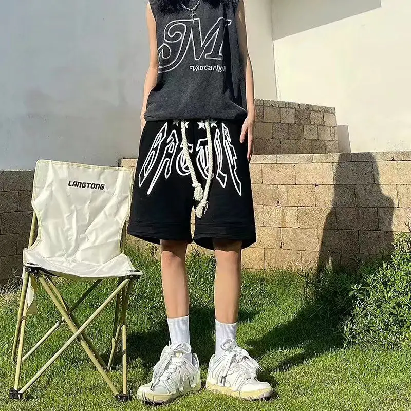 American High Street Hip Hop Star Letter Printed Capris Women's Summer Drawstring Sports Loose Relaxed Trendy Shorts