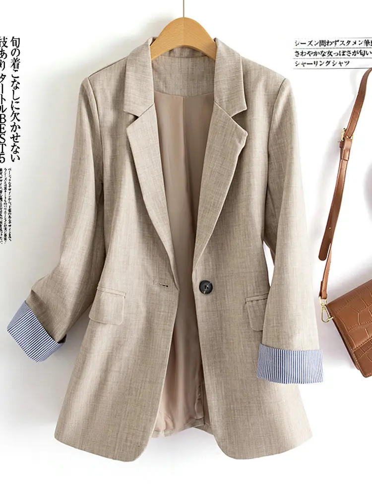 Women Elegant Blazer Coffee Color Striped Turned Cuff Design Notched Collar Jacket Suit Office Ladies Smart Casual Outfits
