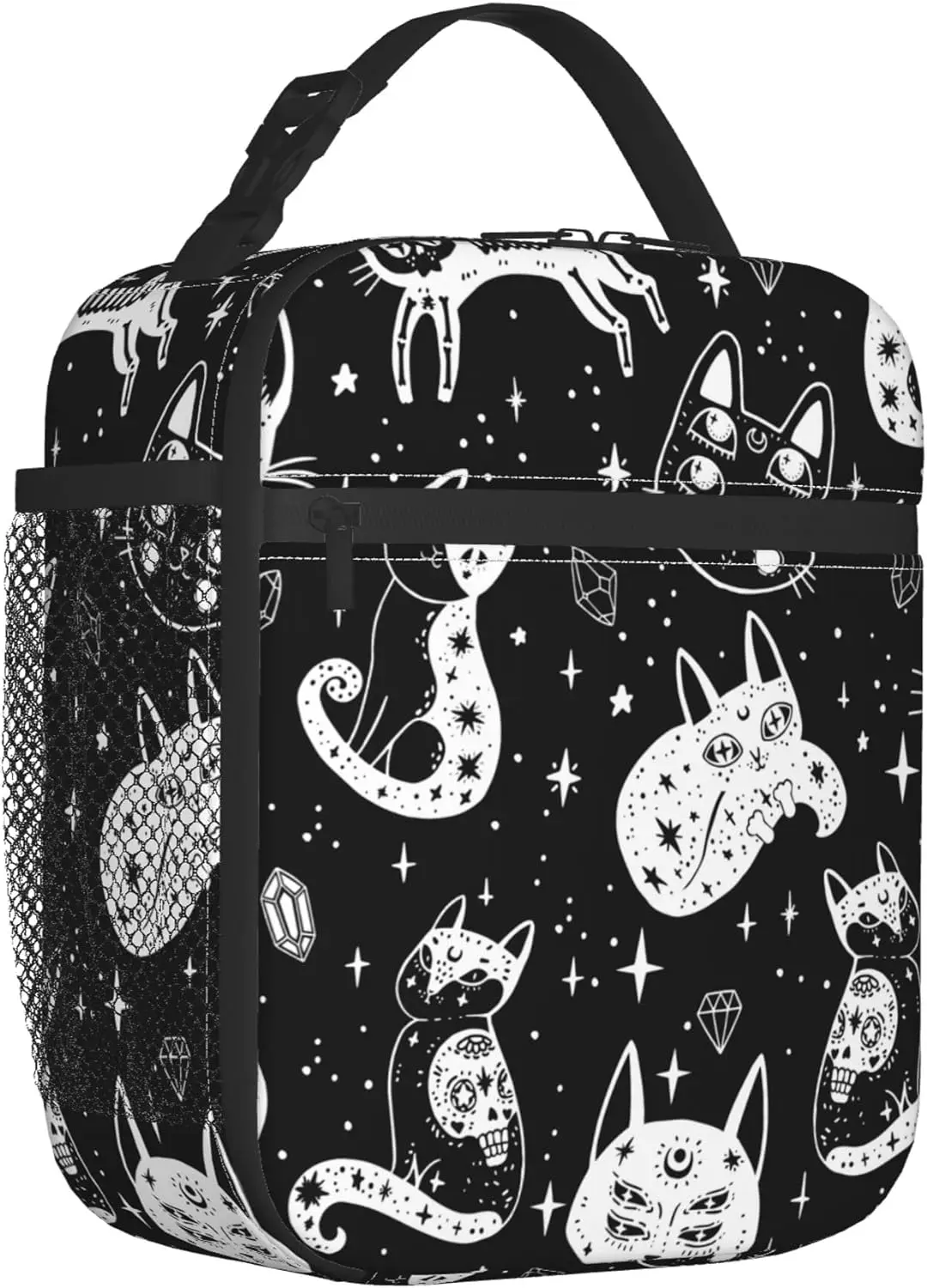 

Men Women Halloween Gothic Witch Moon Star Cat Skull Black and White Lunch Bag Drinks Holder for Office Work Multi-Purpose
