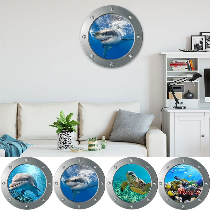 

Sea View Wall Stickers PVC Mural 3D Window Sticker DIY Fish Submarine Refrigerator Sealife Shark Bathroom Home Decoration