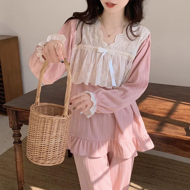 Yasuk Spring Autuum 2023 Women's Casual Sleepwear Homewear Sexy  Lovely Sweet Pink Girl Pajamas With Pants Soft Lace Bow Gentle