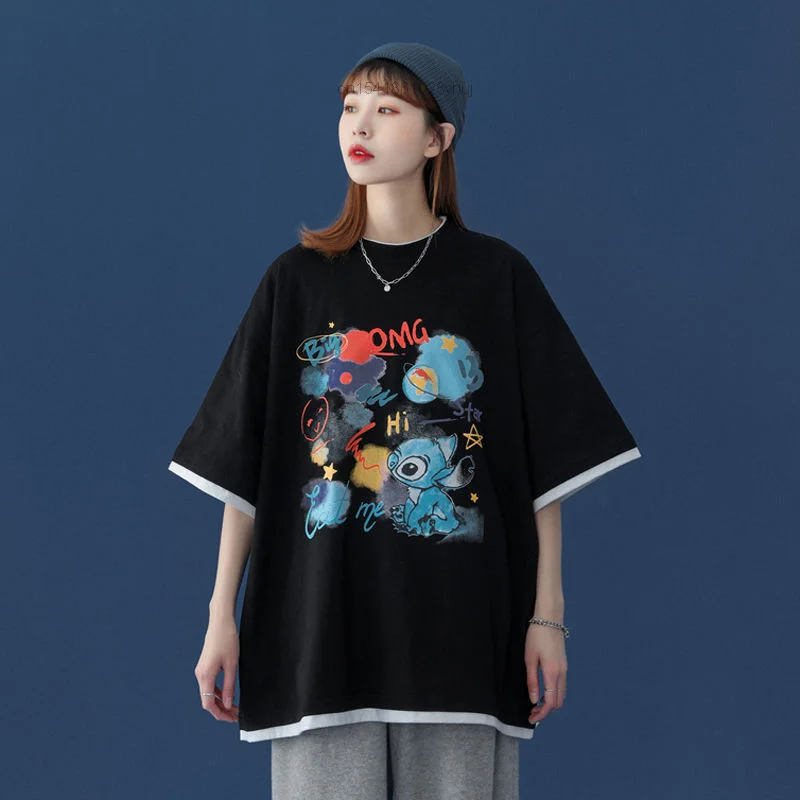 

Disney Stitch Short Sleeve Clothes 2022 New Fashion Fake Two Piece T-shirt Loose Harajuku Cartoon Streetwear Half Sleeve Top Y2k