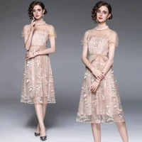 luxury woman party dress 2022 summer embroidery patchwork elegant mesh midi dresses beading lace casual vestidos female
