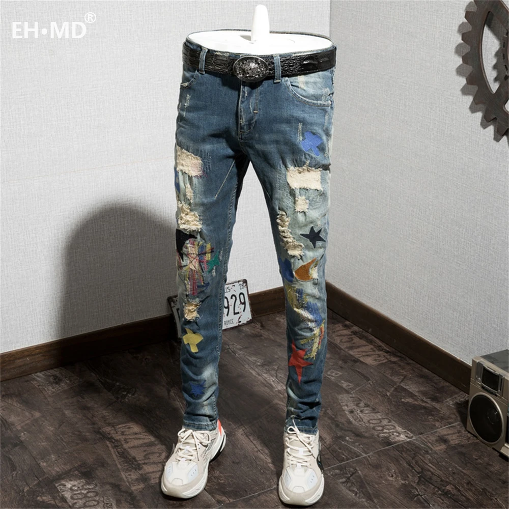 

EH · MD® Ripped Printed Letter Jeans Men's Embroidery Splashing Ink Soft Casual Loose Cotton Elastic Trousers Scratched Red Ears