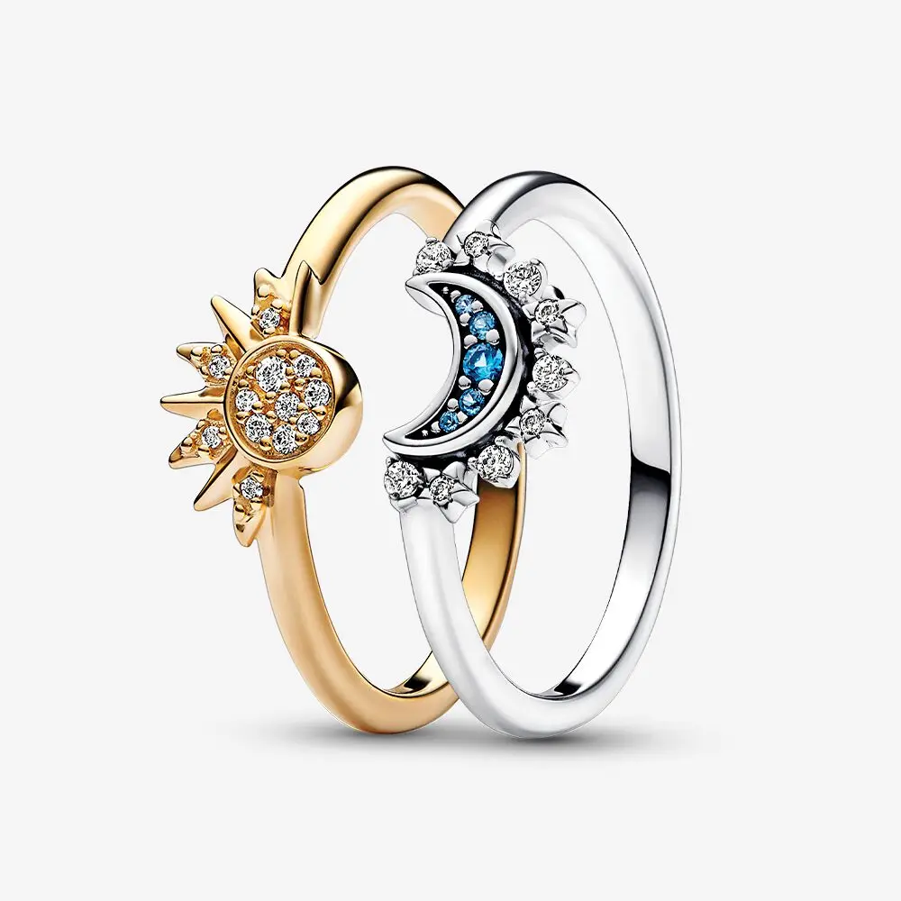 

2023 New In Summe Rings Celestial Blue Sparkling Moon And Sun Ring For Women Stackable Finger Band Fashion Silver 925 Jewellry