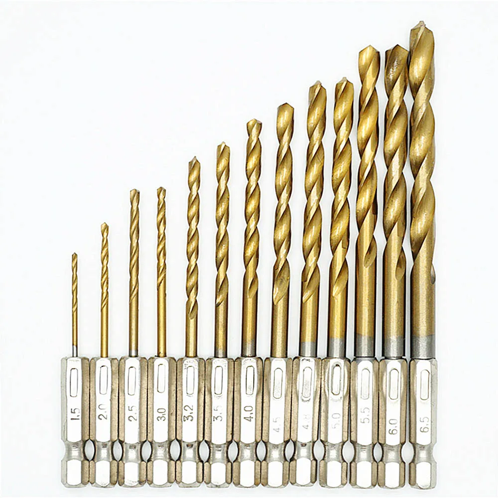 

13 Pcs 1.5mm-6.5mm Titanium Coated HSS Drill Set Twist Drill Hex Shank Drill Home Tool Accessories for drilling wood aluminum