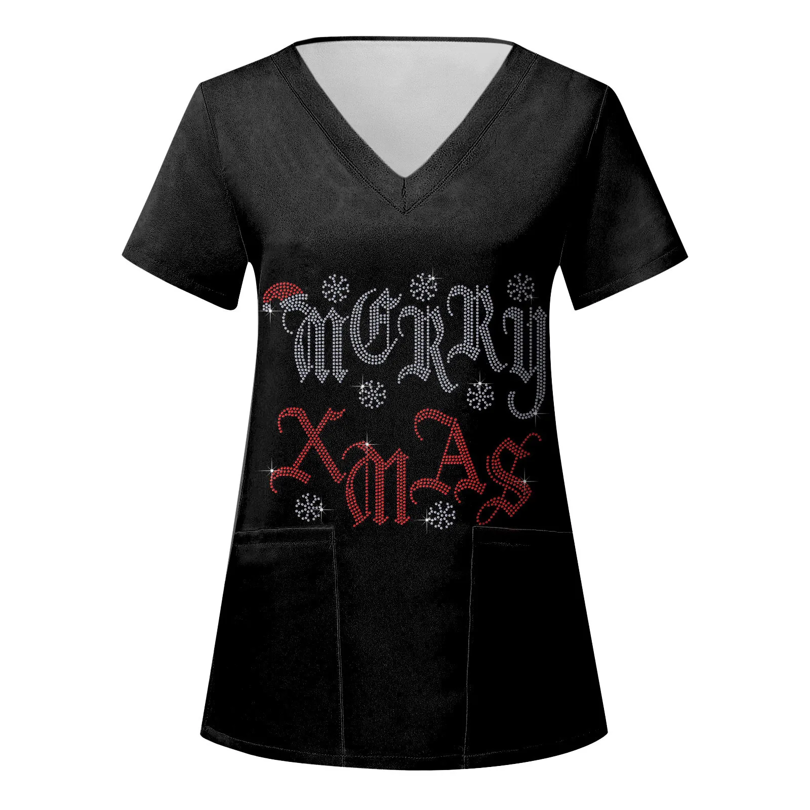 

Womens Work Blouses Ladies Casual Christmas Print Short Sleeve Pocket Loose Caring Workwear Shirts for Women Tall