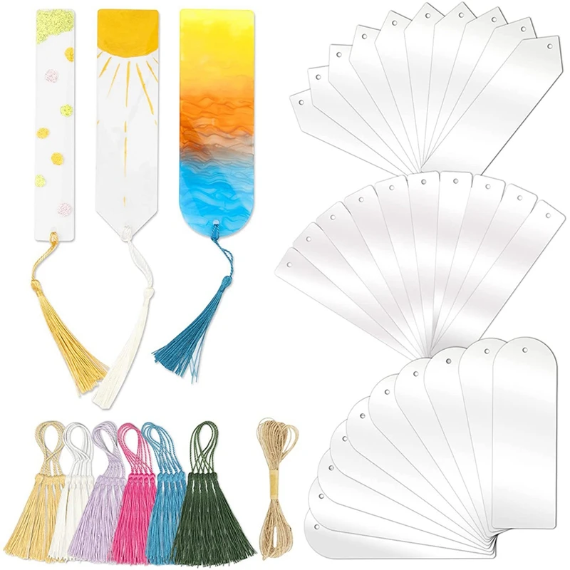 

30Pcs DIY Acrylic Bookmark Blank Transparent Bookmark Tassel Bookmark Set For Notebook, Party Decors