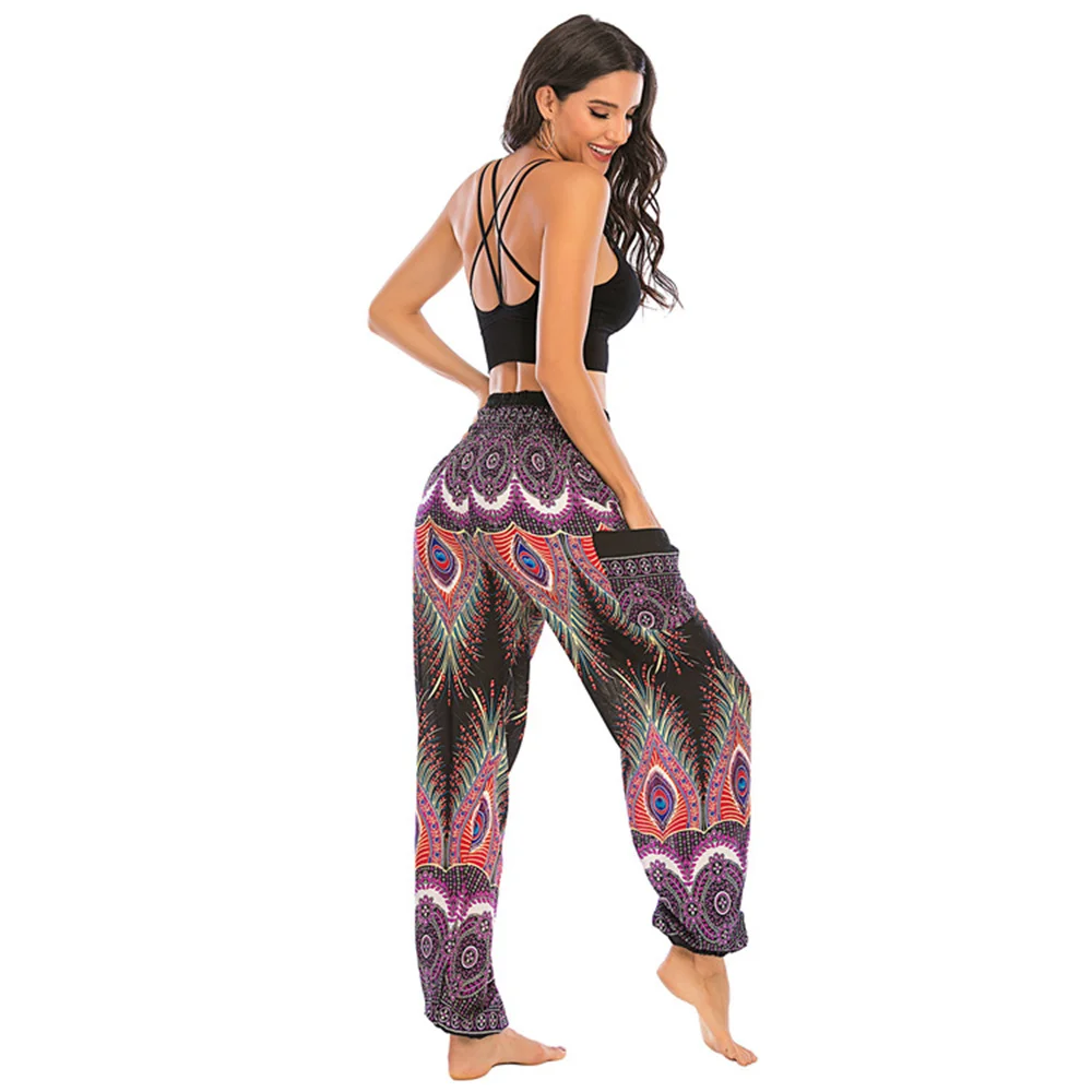 Bohemian Rayon Women Long Pants Floral Print Wide Leg Bottoms Elastic High Waist Casual Vintage Full Length Trousers Streetwear