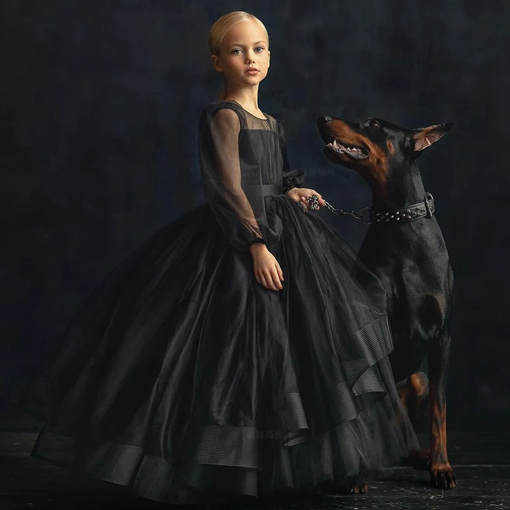 

Black Flower Girls Dresses 2023 O-Neck Illusion A-Line Luxury Kids Wedding Party Dress Full Sleeves Tulle Long Child Bridel Gown