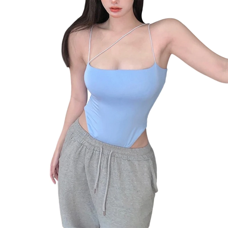 

Women Irregular Crop Tops Solid Color Sleeveless Spaghetti Strap Low-Cut Tanks Slim Fit Camis Outfits Summer Clothing Streetwear