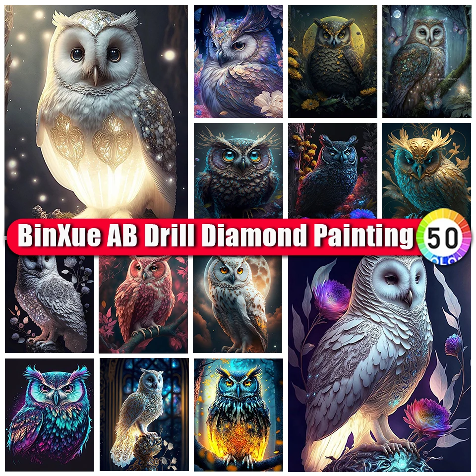 

BinXue 5D DIY Fantasy Animal Owl AB Diamond Painting Kit Flowers Trees Handmade DIY Cross Stitch Moon Mosaic Art Home Decor Gift