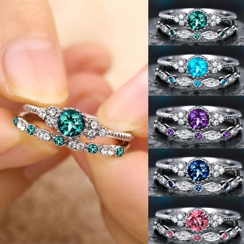 

2Pcs/Set Classic Silver Plated Ring Green Blue Round Cut Created Birthstone Delicate Slim Ring for Women Bride Wedding Jewlery