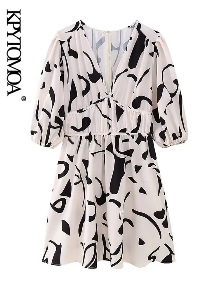 

KPYTOMOA Women Fashion Printed Mini Dress Vintage Short Sleeve Back Zipper Female Dresses Vestidos Mujer