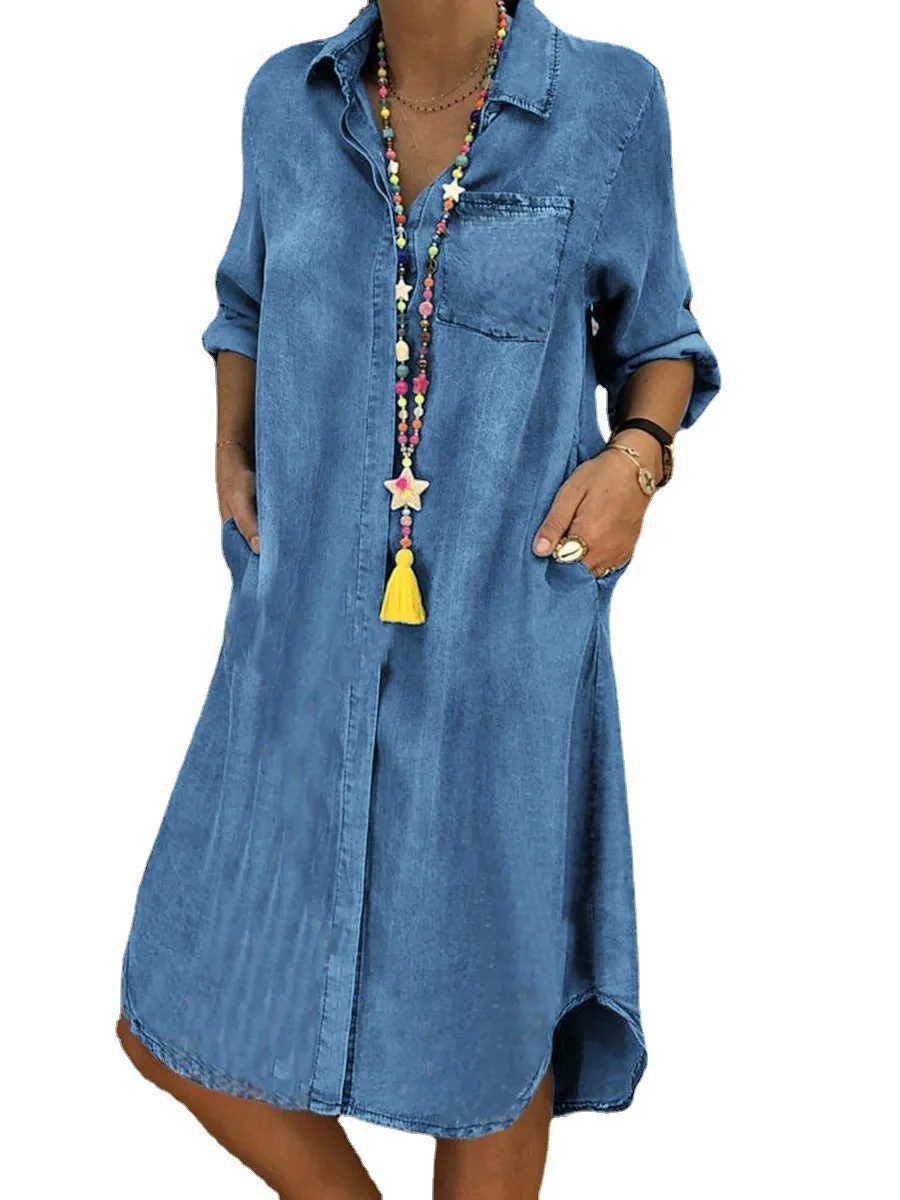 

Women Jeans Shirts Dresses Lapel Long Sleeve Lace Patchwork Irregularity Denim Dress 2023 Autumn Casual Female Solid Mini Robe
