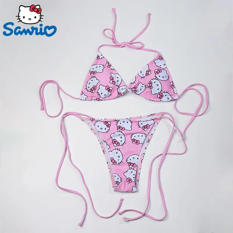 

Sanrio Hello Kitty Women's Pink Bikinis Set Y2k 2023 Cute Cartoon Printed Sleeveless Sexy Bikini Beach Vacation Swimming Set