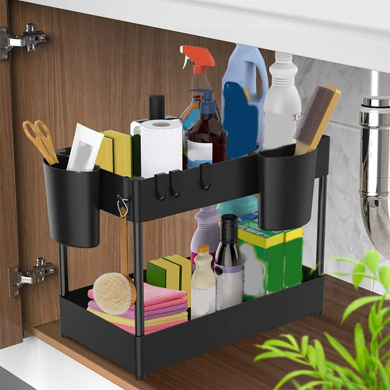 

Under Sink Organizer, Under Bathroom Cabinet Storage 2 Tier Under Sink Storage Rack With 4 Hooks, Organizer Baskets