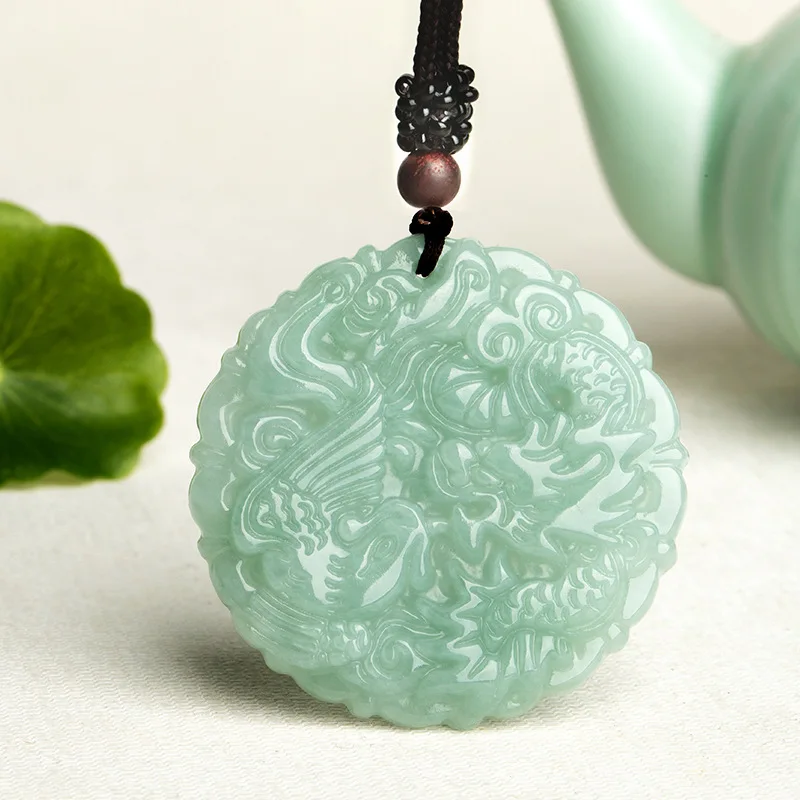 

Natural Myanmar jadeite hand-carved dragon and phoenix pendant simple retro pendant temperament jewellery fashion for women men