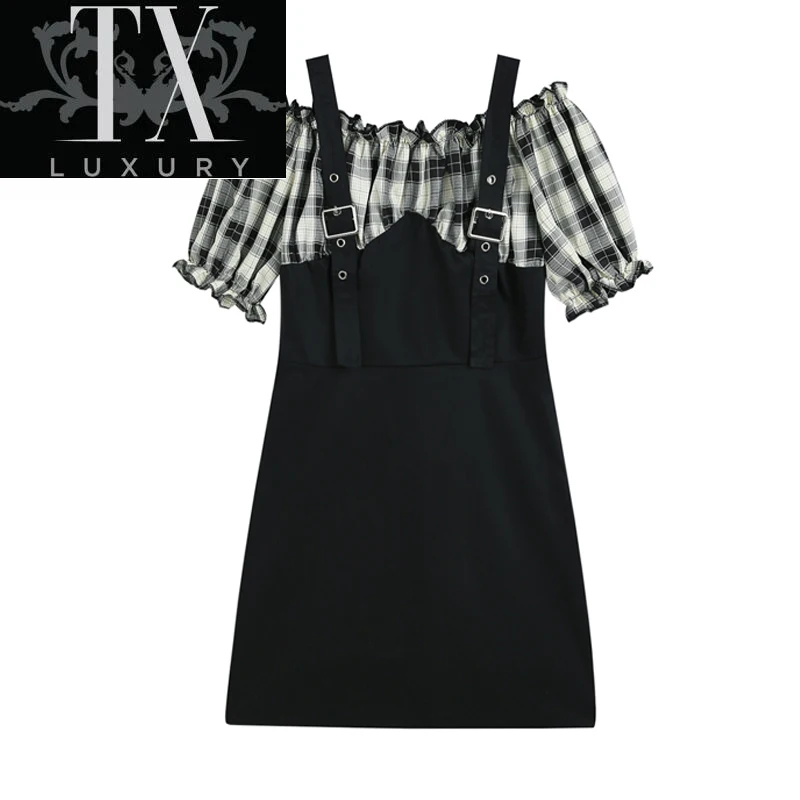 

Summer Women Dresses Plaid Short Sleeves Patchwork Off Shoulder Sweet Suspender Dress Female Chic Fake 2-Piece Set Vestido
