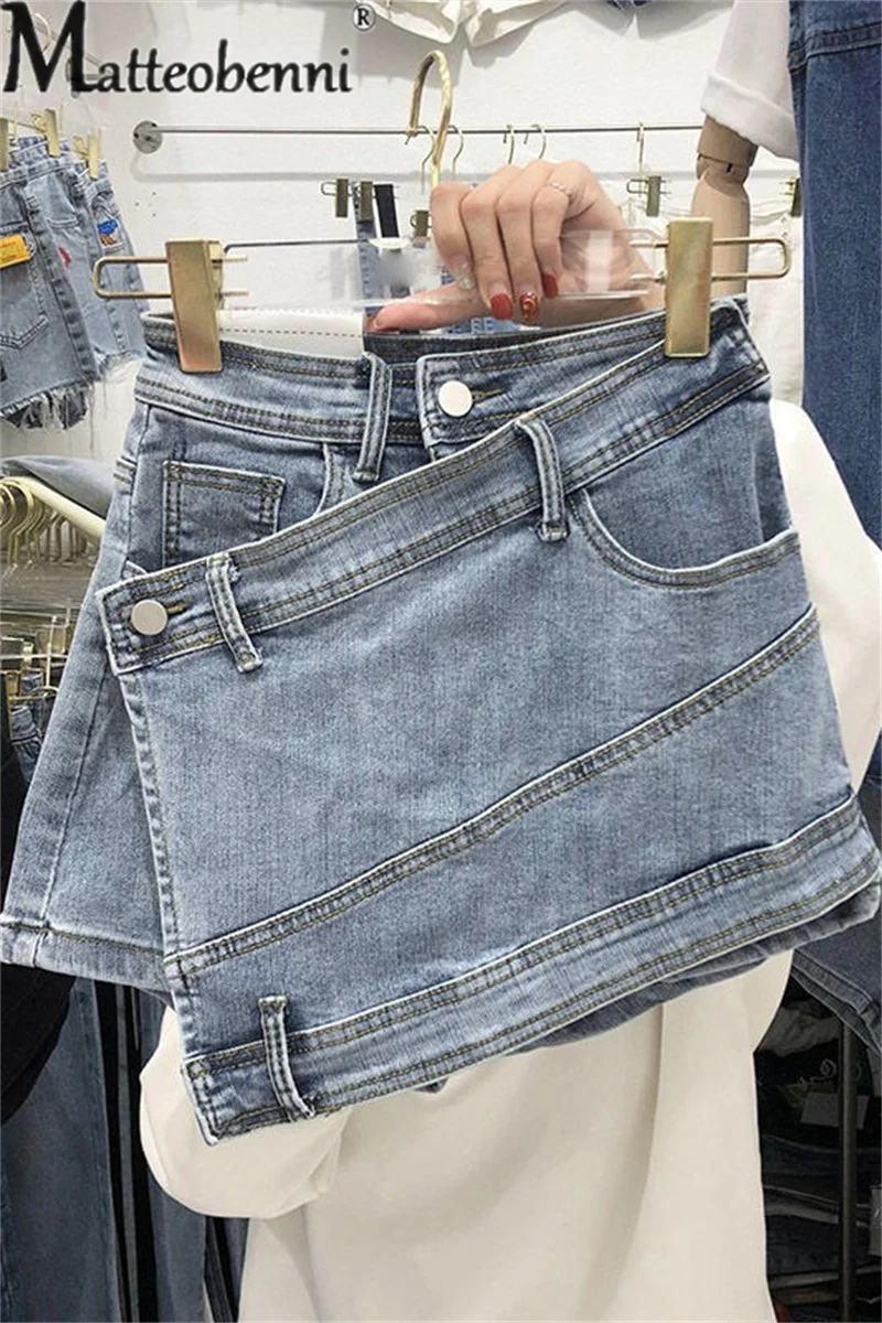 Fashion Trend Korean Version Denim Shorts Ladies Summer Casual Streetwear Women's Irregular Button Splicing Three Quarter Pants