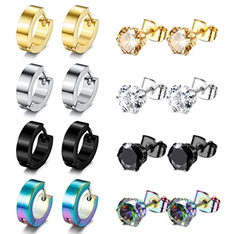 

8 Pairs Stainless Steel Stud Earrings Set for Women Small Hoop Earring for Men Mens Huggie Hoop Earrings Set 2 Styles 4 Colors