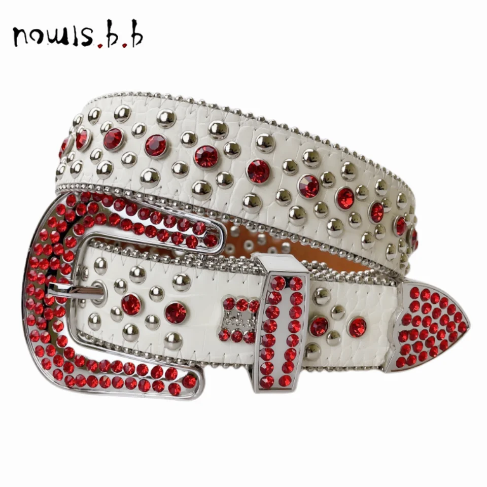 NOWISBB Red Rhinestone Bling Belts Luxury Brand White Leather Strap Western Cowboy Crystal Studded Diamond Belt for Men Women