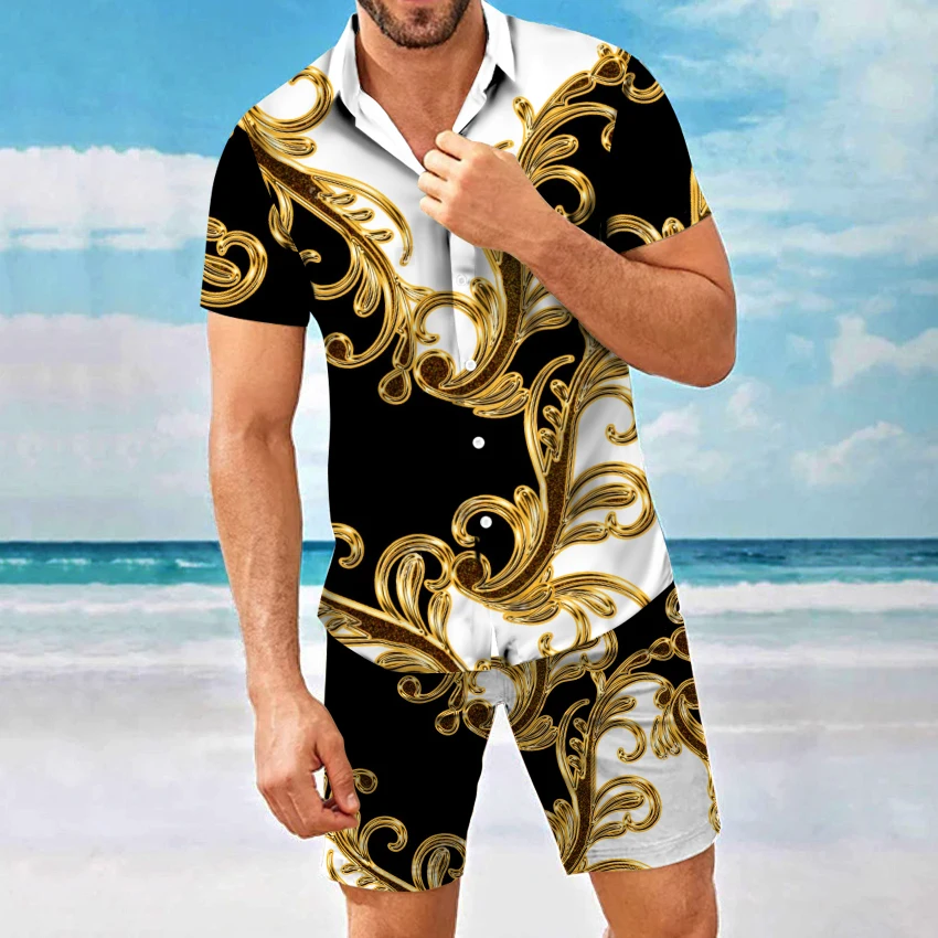 

Hot Sale Summer Men's Tracksuit 2 Piece Set Hawaiian Short Sleeve shirts + Shorts Printing Hawaiian Simple Tops pants Sportswear