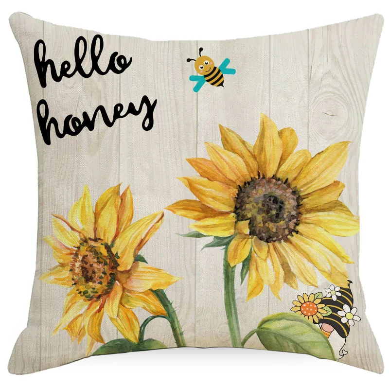 

2023 Sunflower Flower Print Cushion Cover 45X45 Bee Cartoon Pattern Square Pillow Case Living Room Sofa Bedroom Home Decor J1974