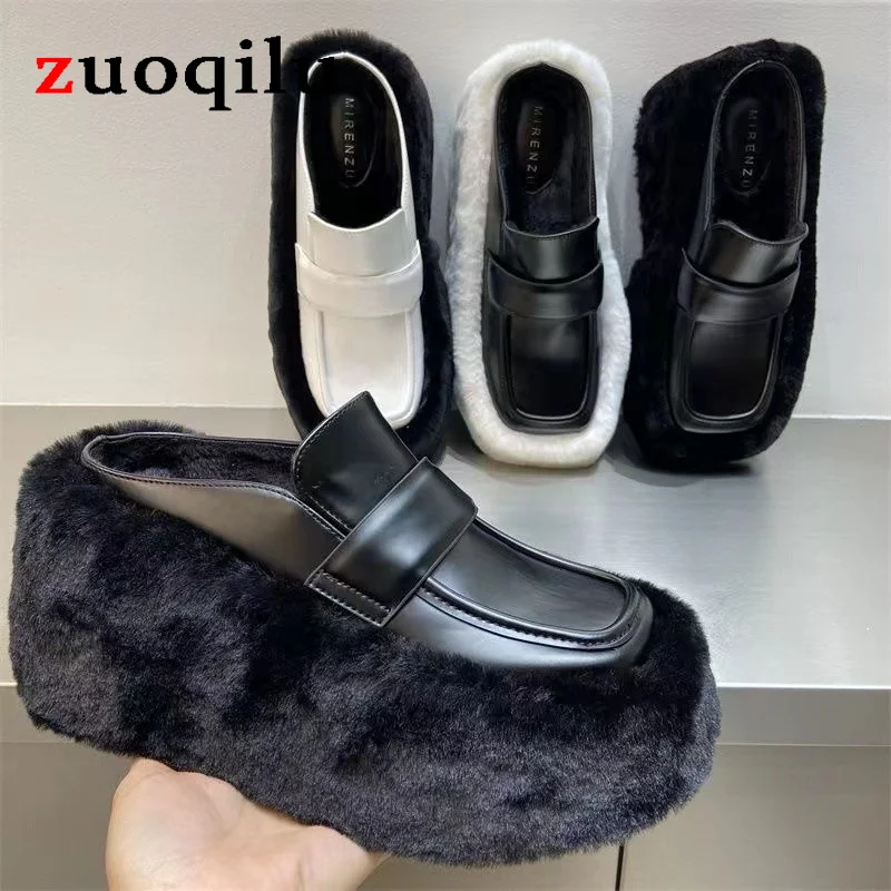 

Women Platform Slippers Fur Sliders Wedge Heels Slippers Winter Warm High Heels chaussons zapatos mujer pantofole pantuflas de p