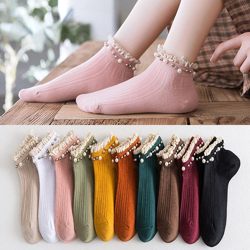 

Новые весенне-осенние носки для женщин Корейская версия универсальные кружевные носки с японским жемчугом женские носки