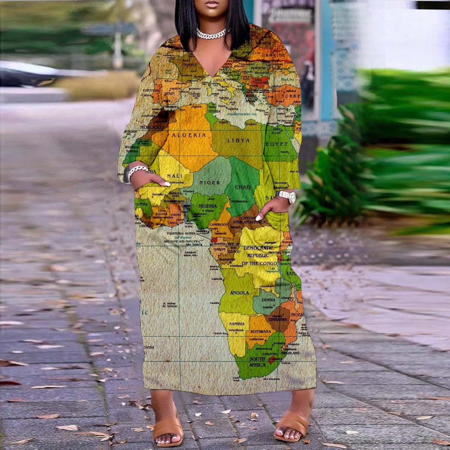 Robe longue de la carte du monde pour femmes  mode africaine  ample  tenue de soirée décontractée