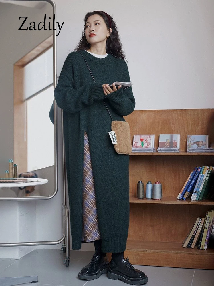 Женский Длинный свитер с длинным рукавом круглым вырезом и разрезом