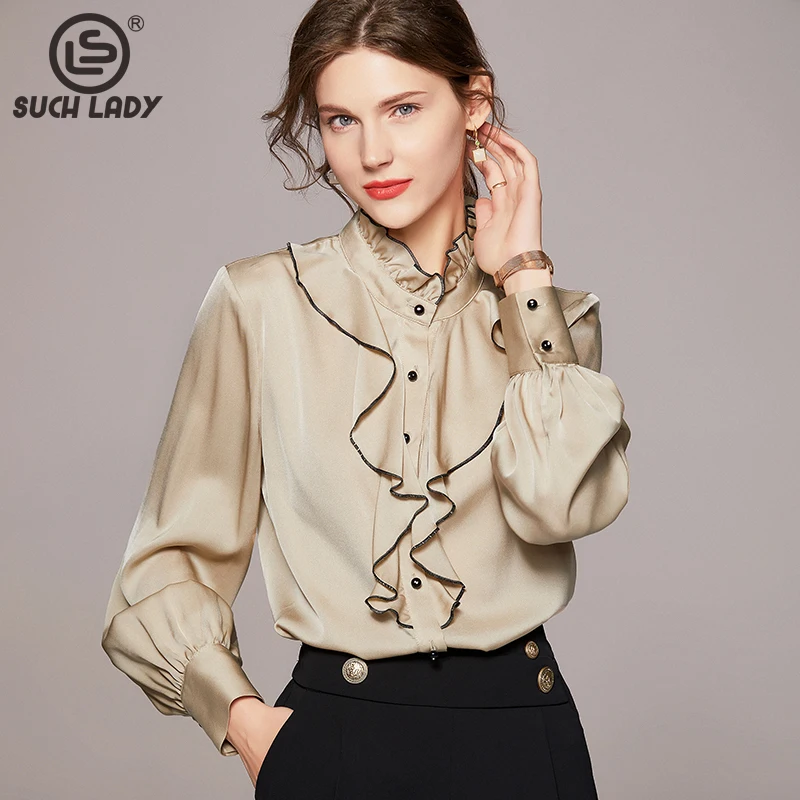 100% Natural Heavy Silk Women's Shirt Ruffled Collar Piping Long Sleeves Pleated Elegant Fashion High Street Blouse Camisa Tops