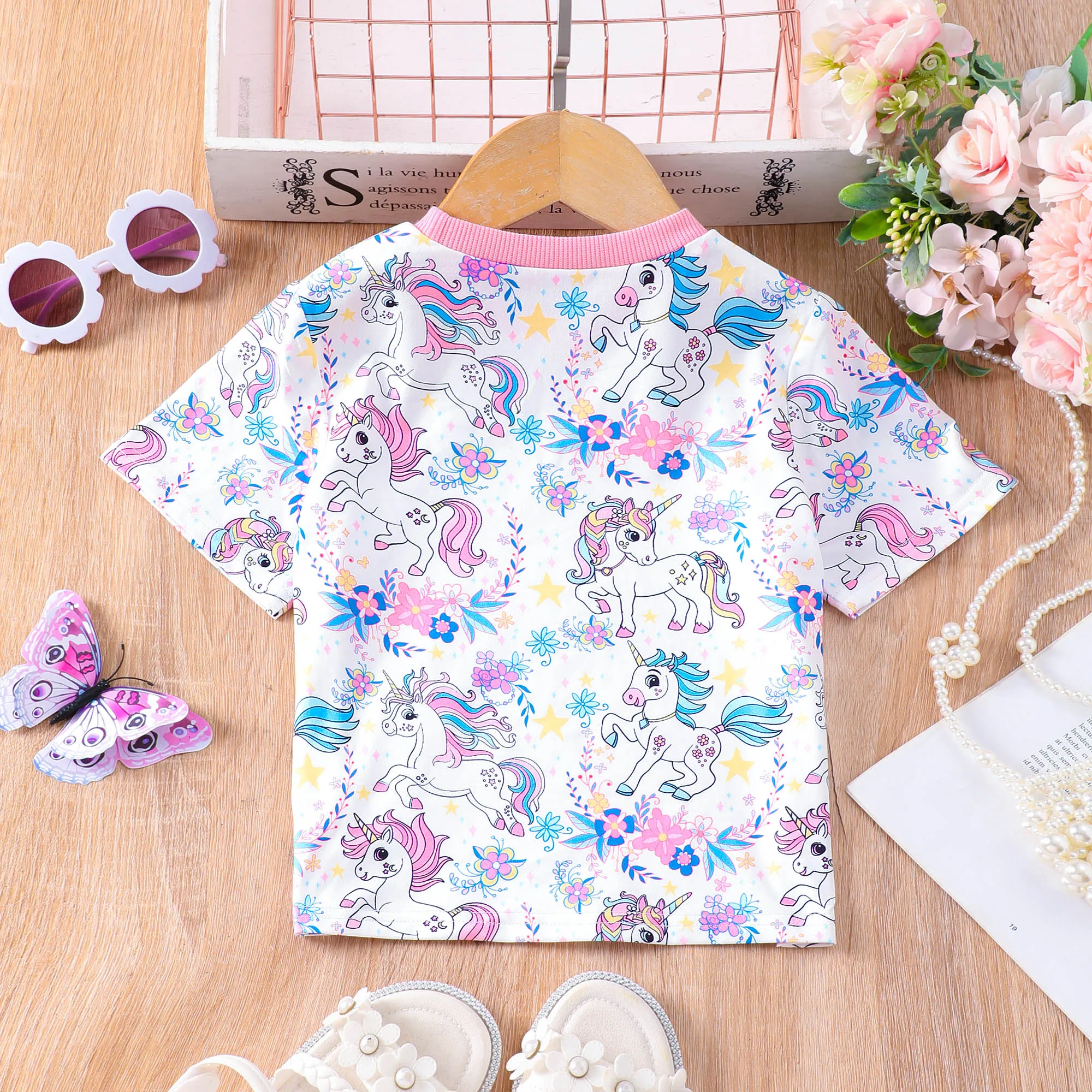 Трикотажная футболка для девочек с коротким рукавом и круглым вырезом