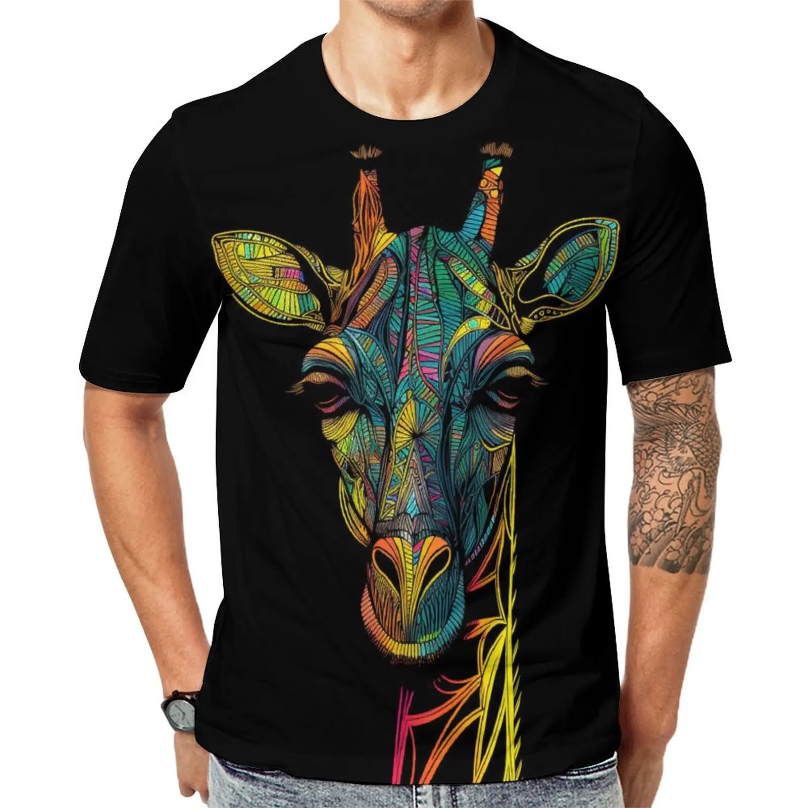 

Футболка мужская с изображением жирафа, модная тенниска с неоновыми линиями, майка с оригинальным рисунком и коротким рукавом, потрясающая одежда, подарок на день рождения, большой размер